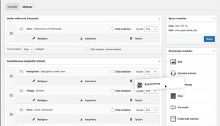 Moduler som bygger upp en sida, en redaktör drar en modul för evenemang in på arbetsytan