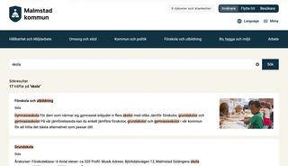 Sökfunktion på en kommunwebbplats som visar synonymer uppmarkerade på en sökresultatsida